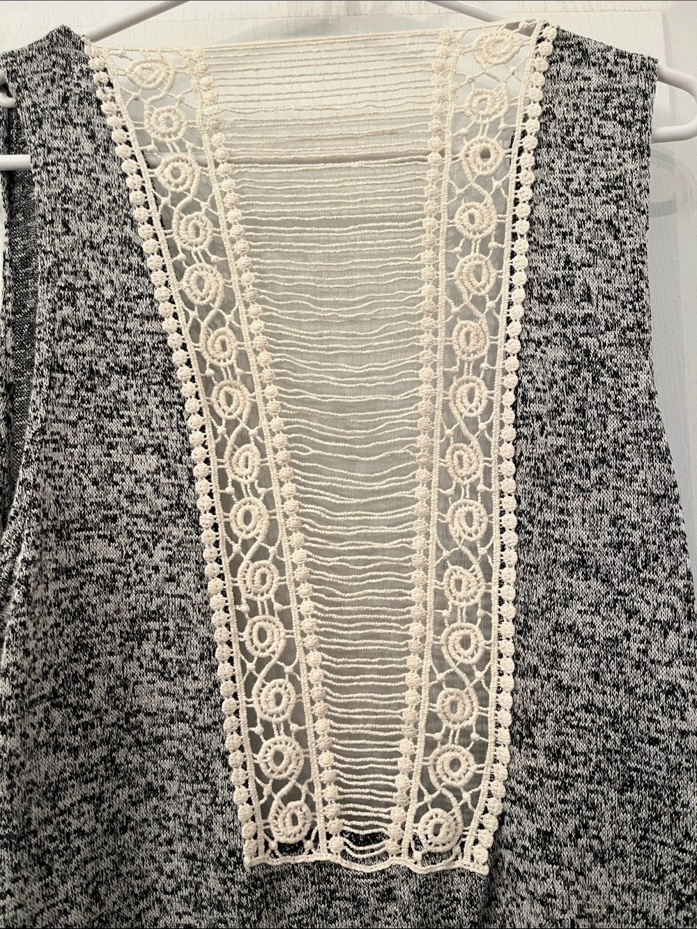 Open Front Gray Knit Duater with Lace Back Panel